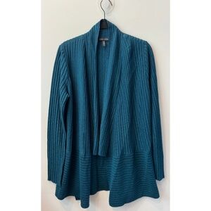 Eileen Fisher Ribbed 100% Merino Wool Long Cardigan in Blue Spruce